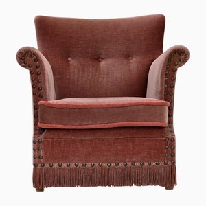 Dänischer Sessel aus Möbelvelours & Buchenholz in Lachsrosa, 1970er
