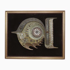 Brutalist Cold Cast Metal Wall Hanging Fish Sculpture by Giovanni Schoemann, 1970