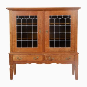 Danish Display Cabinet in Waxed Oak with Glass Fronts and Leaded Glass, 1970s