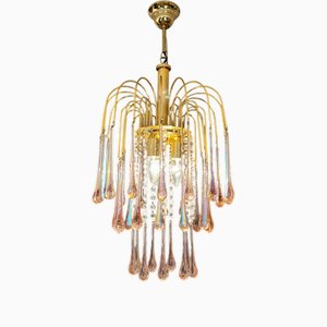 Murano Iridescent Pink Glass Teardrop Chandelier in the style of Paolo Venini, Italy, 1970s