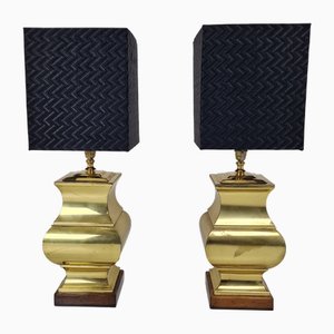 Große Italienische Regency Tischlampen aus Messing & Holz mit Schwarzen Lampenschirmen, 1980er, 2er Set