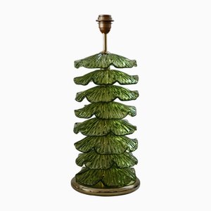 Mid-Century Murano Round Green Art Glass and Brass Table Lamp