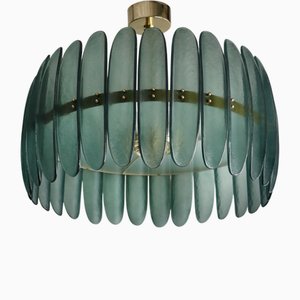 Mid-Century Murano Green Art Glass and Brass Chandelier and Pendant