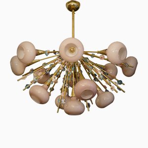 Murano Sputnik Art Glass and Brass Pink Color Chandelier and Pendant