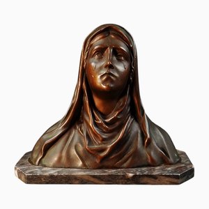 Art Deco Büste der tränenreichen Jungfrau Maria in Spelter auf Marmor von Oscar Ruffon, 1920er-1940er