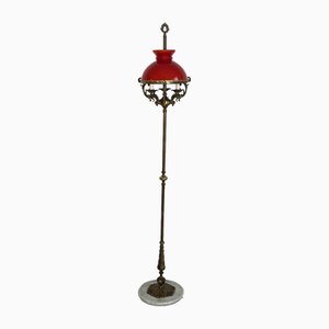 Mid-Century Stehlampe aus Messing, Marmor & rotem Opalglas, 1950er