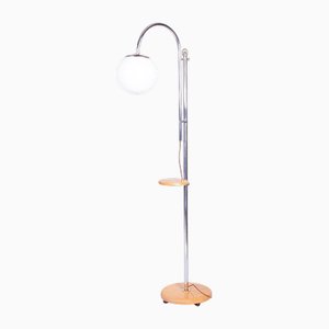 Bauhaus Floor Lamp in Chrome, Beech and Opaline Milk Glass, Czech, 1930s