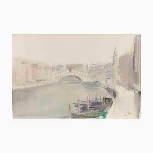 Carlo Ravagnan, View of Venice (Rialto Bridge), Watercolor, 1970s