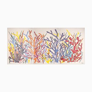 Romina Milano, Primary Coral Triptychon, 2025, Mixed Media auf Papier