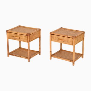 French Riviera Nightstands in Bamboo and Woven Rattan, 1970s, Set of 2