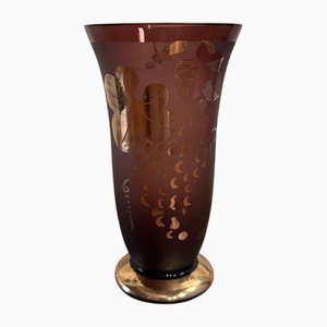 Vase Shneider Givré à Fond Rose Rehaussé de Feuilles de Vigne Dorées