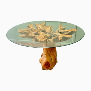 Yewwood Root Tree Dining Table with Round Glass Top, 1980