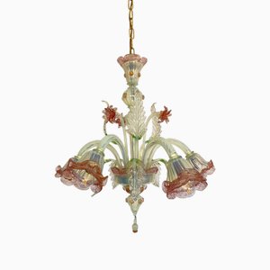 5 Light Chandelier in Opal Murano Glass with Pink Gold with Golden Green Shadowed Leaves by Master Walter Furlan, 1983