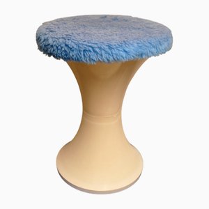 Taburete vintage de plástico blanco crema con asiento en azul, años 70