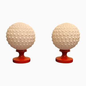 Vintage Bedside Lamps with Orange Metal Base and White Round Glass Shade, 1970s, Set of 2