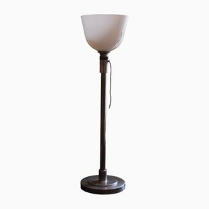 Französische Art Deco Tischlampe aus Metall & Opalglas von Mazda, 1930er