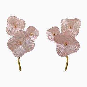 Appliques Modernes en Verre de Murano Artistique Rose Nacré et Laiton, 1990, Set de 2