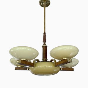 Large Art Deco Pendant Light in Wood and Glass, 1930s