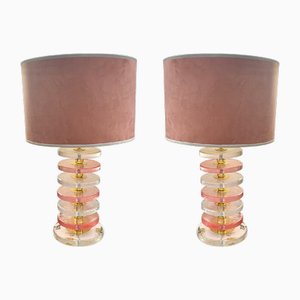 Lampes de Bureau Disque Vintage en Verre de Murano Rose et Transparent, 1980s, Set de 2