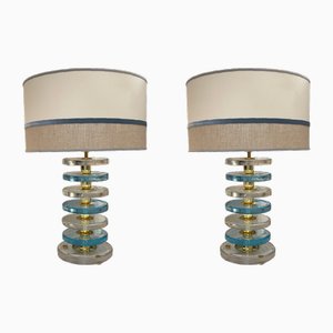Lampes de Bureau Disque Vintage en Verre de Murano Bleu et Transparent, Set de 2