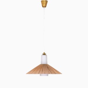Pendant in Opal Glass, Lamellar Aspen Wood and Brass by Paavo Tynell for Idman, 1950s