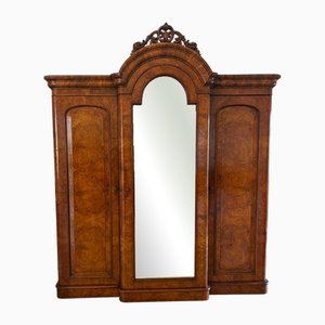 Großer antiker viktorianischer Kleiderschrank mit 3 Türen aus Wurzelholz, 1860