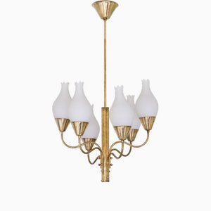 Six Arm Chandelier in Brass and Opal Glass by Edvard Hagman, Sweden, 1956
