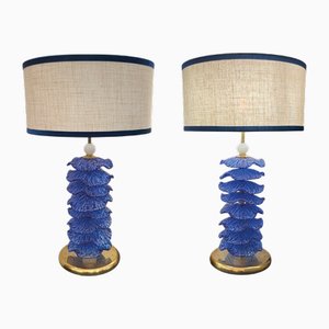 Lampes de Bureau Feuille en Verre de Murano Bleu, 1980s, Set de 2
