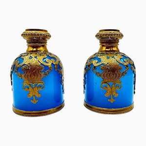 French Turquoise Opaline Perfume Bottles with Watercolor Miniatures Palais Royal, Set of 2