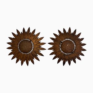 Appliques Murales Sunburst Vintage en Métal, Espagne, 1950s-60s, Set de 2