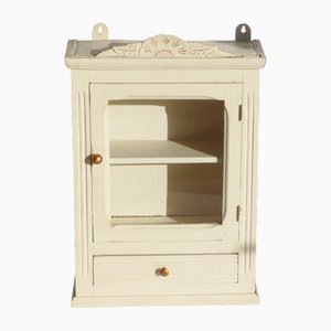 Vintage Rustic Beige Apothecary Cabinet with Glass Door, Carved Floral Ornaments, Shelf and Drawer