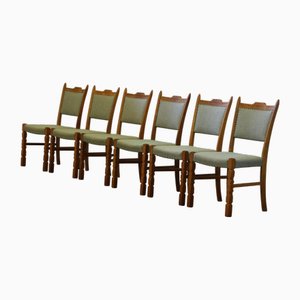 Vintage 1960s Brualist Danish Oak Dining Chairs Style of Henning Kjærnulf, New Upholstery by Henning Kjærnulf, Set of 6