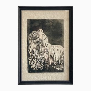 Eastern European Artist, Woolly Ram, 1920s-1940s, Linocut, Framed
