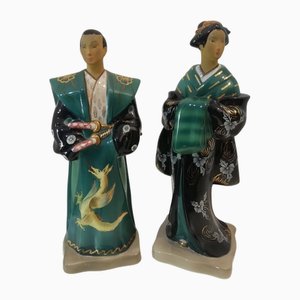 Samurai and Geisha in Tanagra Ceramic, Italy, 1930s, Set of 2