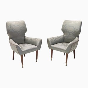 Set of Vintage Italian Satin Grey Lounge Chairs with Walnut Frame, 1950s