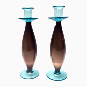 Bougeoirs Vintage en Verre de Murano Marron et Aigue-Marine, Italie, 1980s, Set de 2