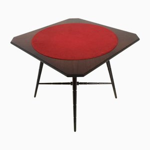 Tavolo da gioco vintage in faggio ebanizzato con tessuto rosso di Chiavari, anni '50