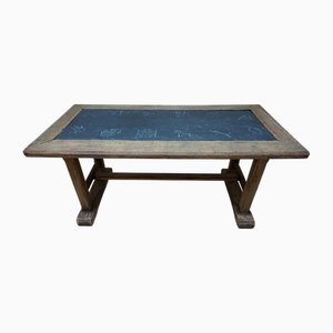 Brutalist Oak & Slate Stone Inlay Carved with Zodiac Signs Coffee Table, 1950s