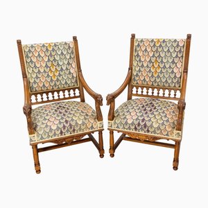 Louis XIII French Open Armchairs with Goat and Lion Heads, 1900, Set of 2