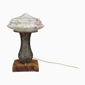 Brass Table Lamp with Wooden Base and Glass Shade, 1940s