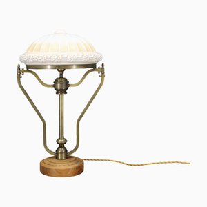 Brass Table Lamp with Wooden Base and Glass Shade, 1930s