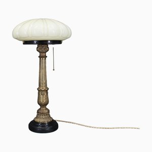 Brass Table Lamp with Wooden Base and Glass Shade, 1940s