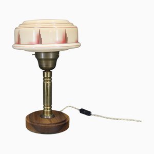 Brass Table Lamp with Wooden Base and Glass Shade, 1940s