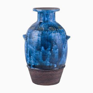 Vaso in ceramica smaltata blu di Rimini con motivi geometrici di Aldo Londi per Bitossi, anni '60
