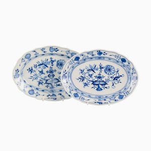 Blue Onion Pattern Oval Serving Platters in Porcelain, Meissen, Germany, 1890s, Set of 2