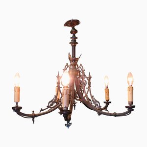 Gothic Gilded Brass Five Branch Chandelier