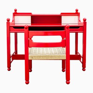 Scrivania con sedia in legno laccato rosso, anni '70, set di 2