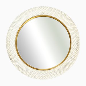 Mid-Century Modern Round Wall Mirror in Metal with Brass Detail, 1950s