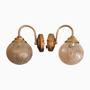 Vintage Brass Wall Lamps with Spherical Glass Shades, 1970s, Set of 2