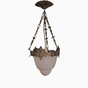 French Art Deco Brass Ceiling Lamp with Glass Shade and Stylized Flower Decoration, 1920s
